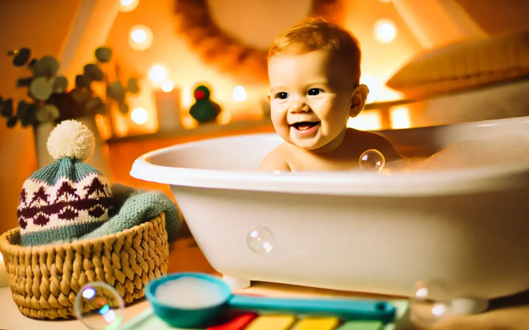 A baby enjoying a warm bath