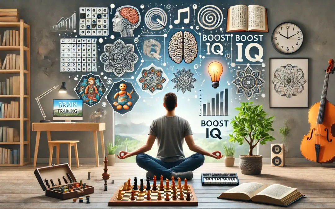 Person using brain training techniques to boost IQ, featuring elements like meditation, brain games, and learning new skills for cognitive enhancement