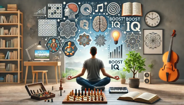 Person using brain training techniques to boost IQ, featuring elements like meditation, brain games, and learning new skills for cognitive enhancement