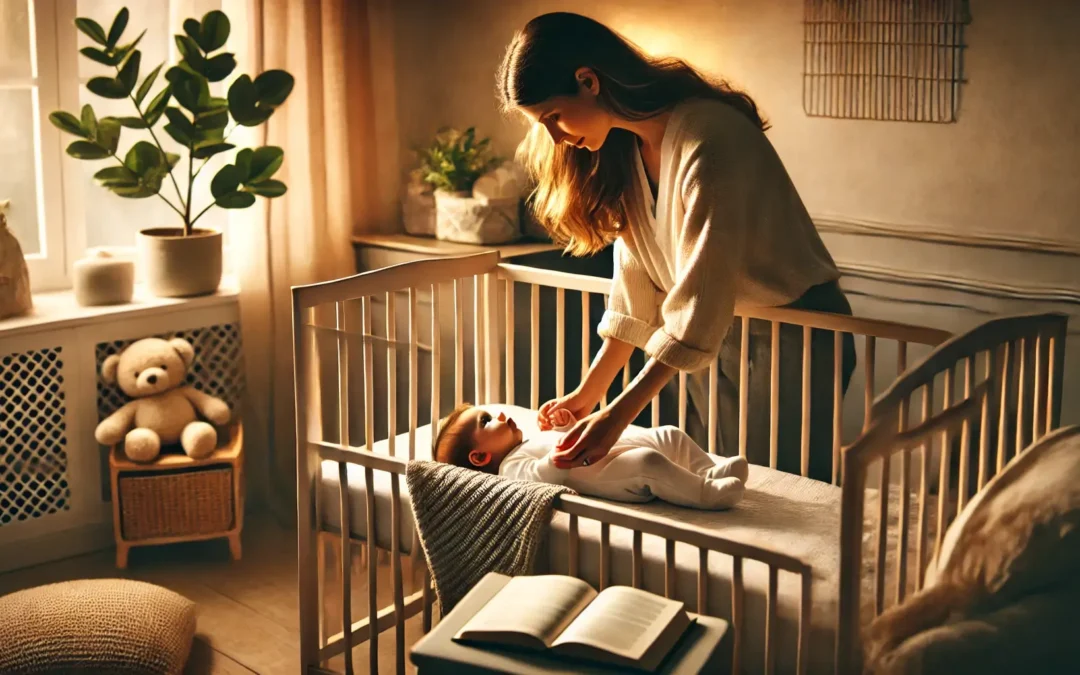 A mother putting her baby to bed after reading a bedtime story in a softly lit room.