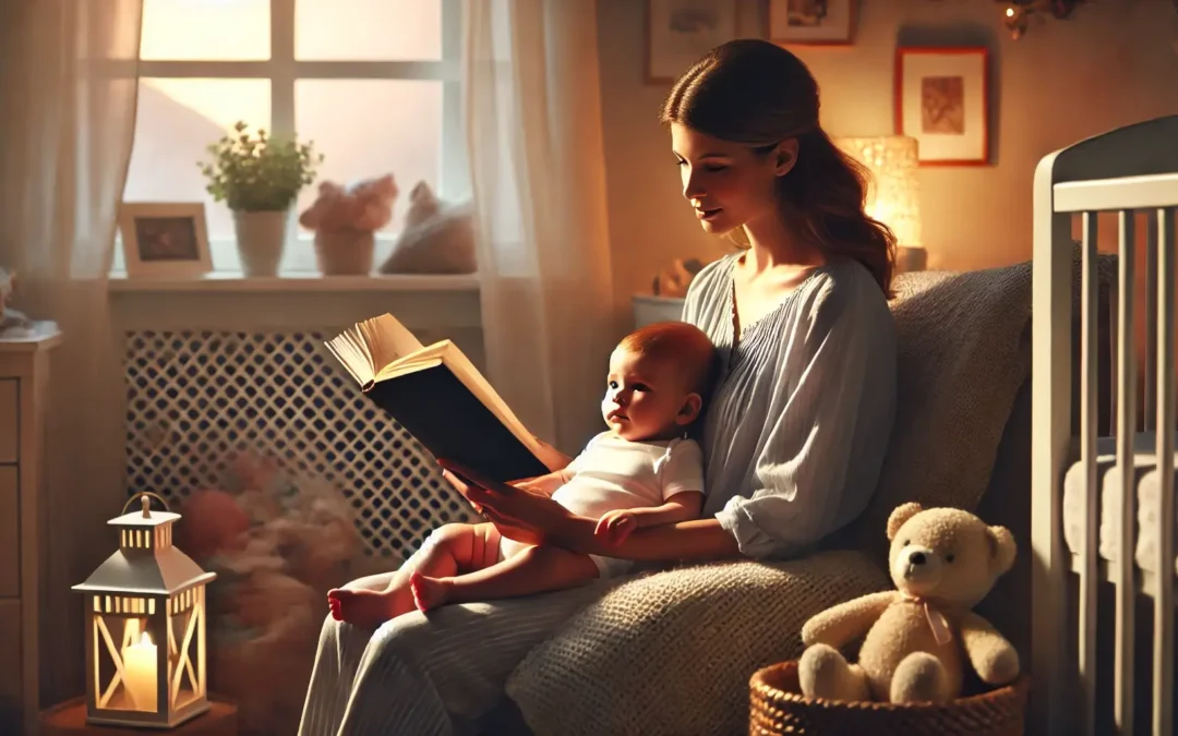 A mother reading a bedtime story to her baby in a cozy, dimly lit nursery.