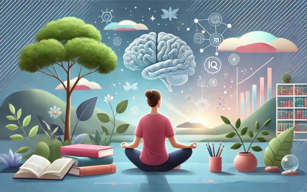 A person engaging in brain training activities, including meditation and cognitive exercises, to boost memory, mental clarity, and IQ.