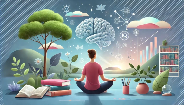 A person engaging in brain training activities, including meditation and cognitive exercises, to boost memory, mental clarity, and IQ.