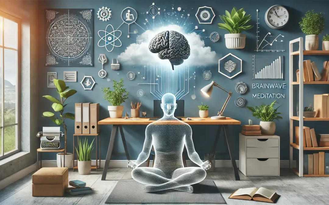 A serene environment symbolizing mental clarity, featuring meditation, decluttering, and brainwave technology for enhanced focus and cognitive performance