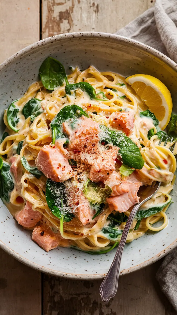 creamy salmon pasta with spinach