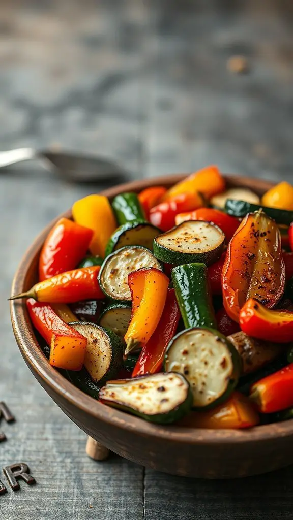 A bowl of colorful air fried vegetable medley including bell peppers, zucchini, and eggplant.