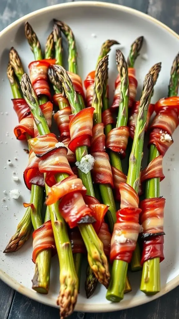 A plate of bacon-wrapped asparagus spears, crispy and colorful, sprinkled with salt.