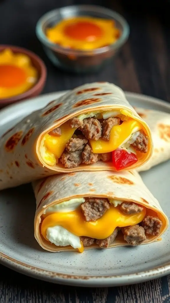 Two breakfast burritos filled with cheese and sausage on a plate, with eggs in small bowls in the background.