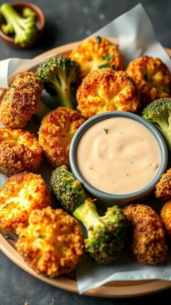 A plate of crispy cheesy broccoli bites with a creamy dipping sauce