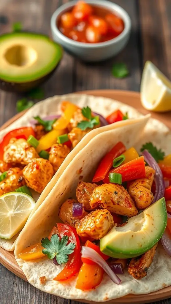 Delicious chicken fajitas with colorful vegetables served on a plate, accompanied by lime and avocado.