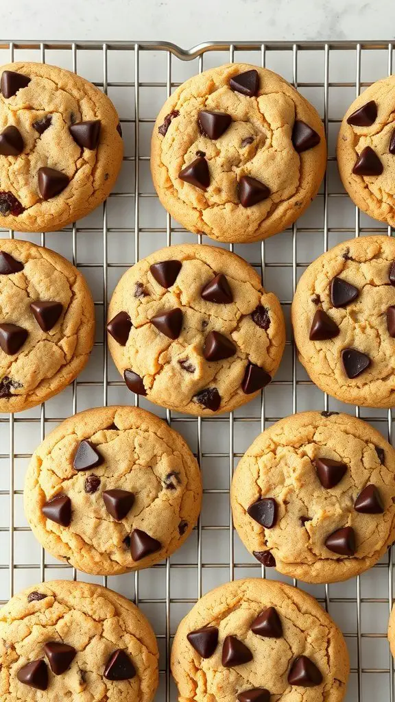 Freshly baked air fryer chocolate chip cookies on a cooling rack, showing golden brown color and chocolate chips.