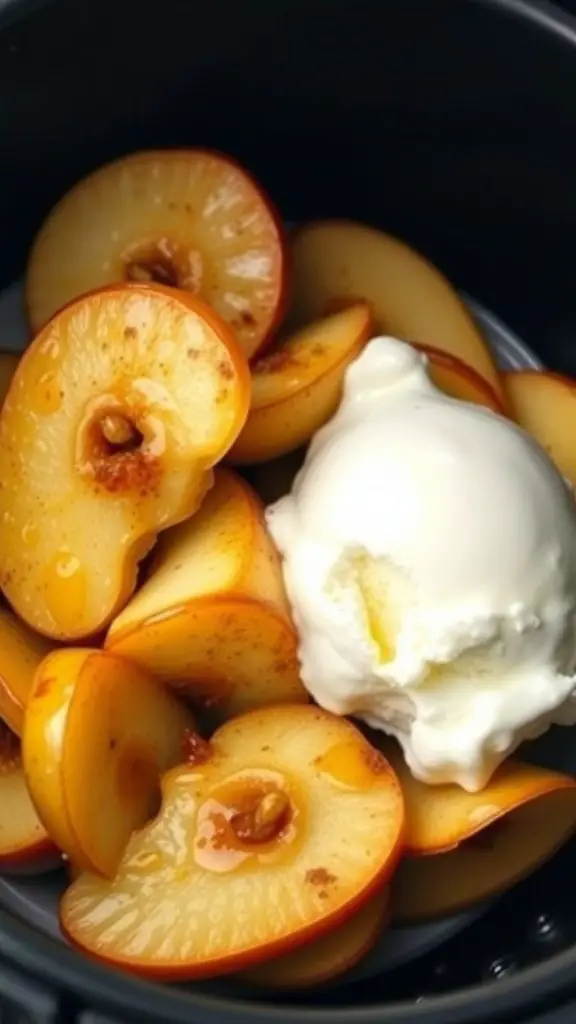 Air fried cinnamon apples with a scoop of vanilla ice cream