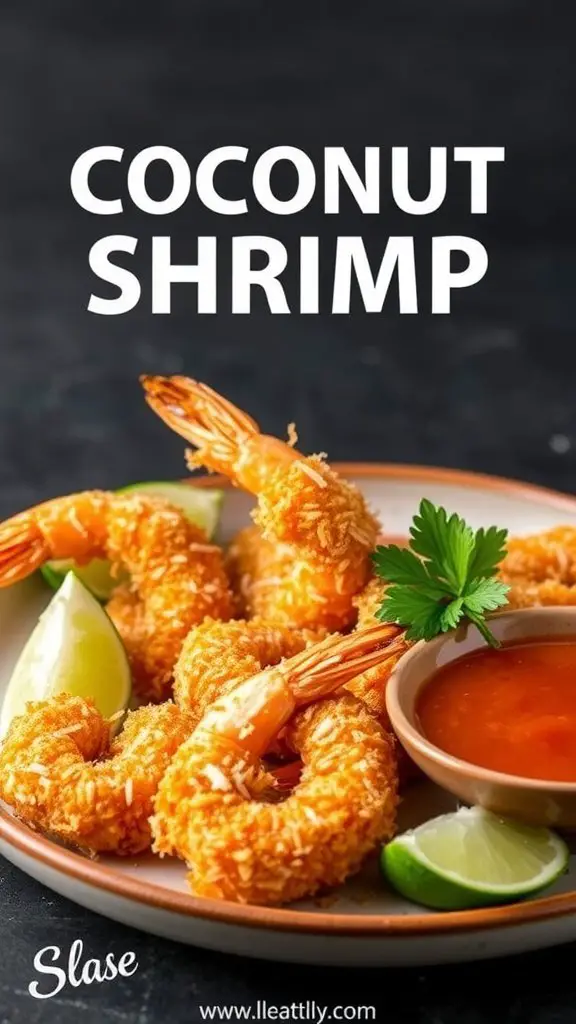 A plate of coconut shrimp with lime wedges and dipping sauce