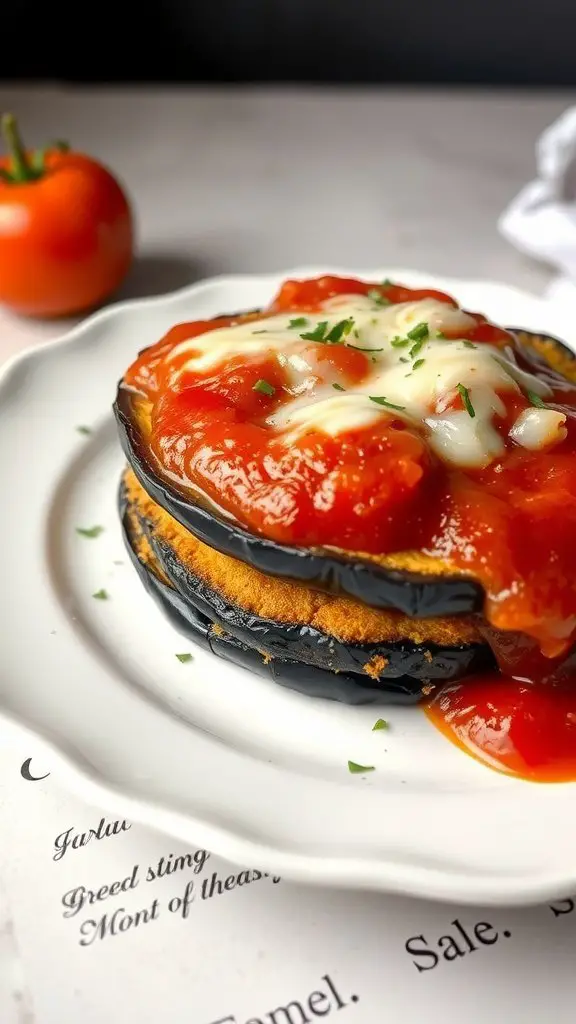 A plate with Air Fryer Eggplant Parmesan topped with marinara sauce and melted cheese, with a fresh tomato in the background.