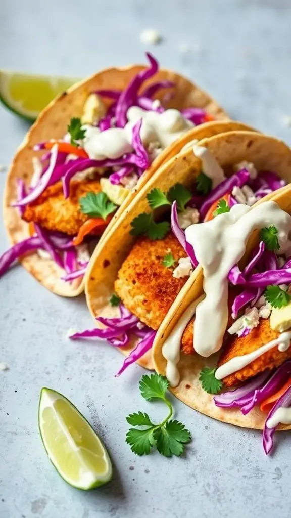 Delicious air fryer fish tacos with cabbage, cilantro, and lime.