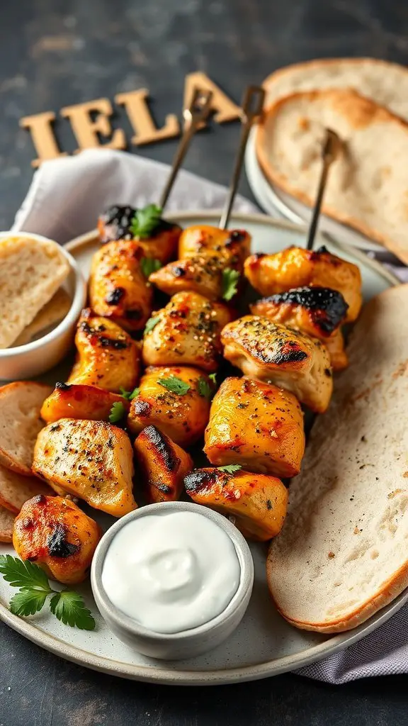 Plate of grilled chicken souvlaki skewers with pita bread and sauce