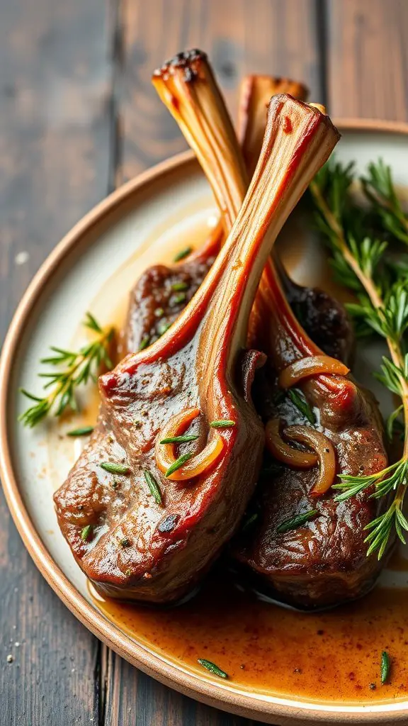 Air fryer lamb chops garnished with rosemary on a plate