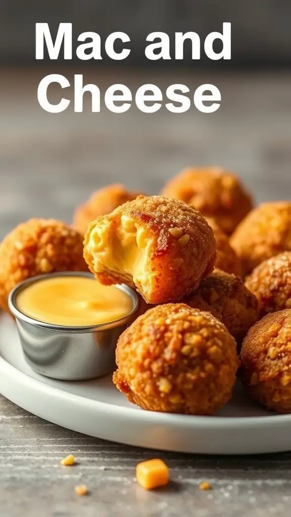 A plate of crispy mac and cheese bites with a cheese dip on the side.