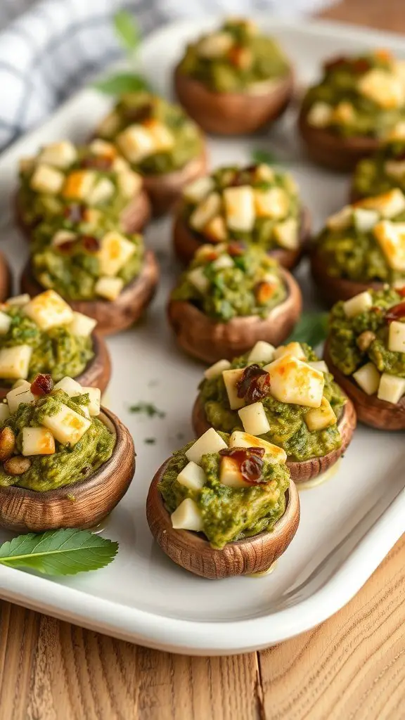 Air fryer pesto stuffed mushrooms on a white plate, topped with cheese and sun-dried tomatoes