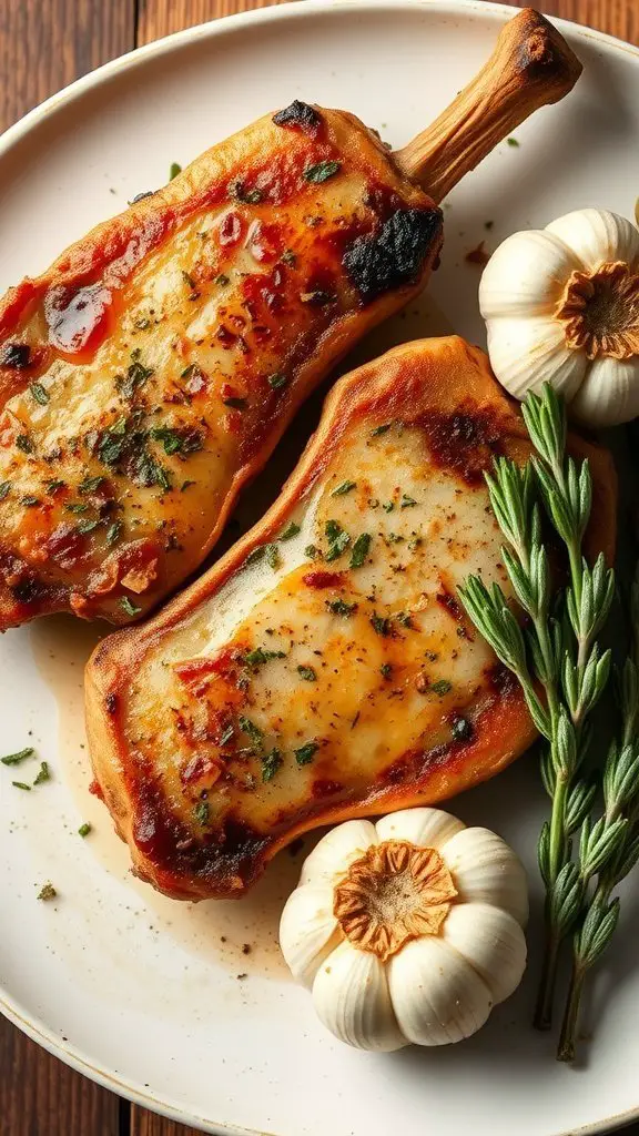 A plate of air fryer pork chops topped with herbs, garlic cloves, and rosemary on a wooden table.