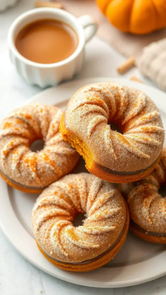 A plate of pumpkin spice donuts with coffee and a small pumpkin in the background.