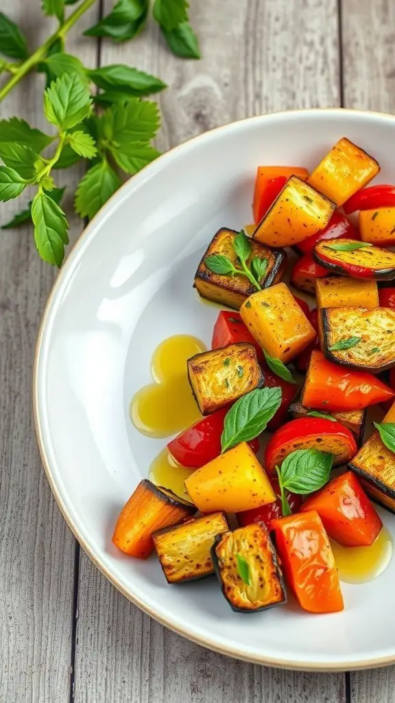 Colorful air fryer ratatouille with assorted vegetables and fresh herbs on a white plate