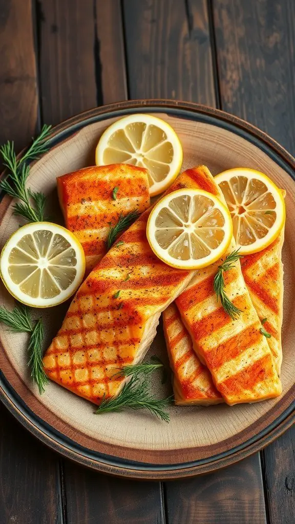 Grilled salmon fillets with lemon slices and fresh dill on a wooden plate.