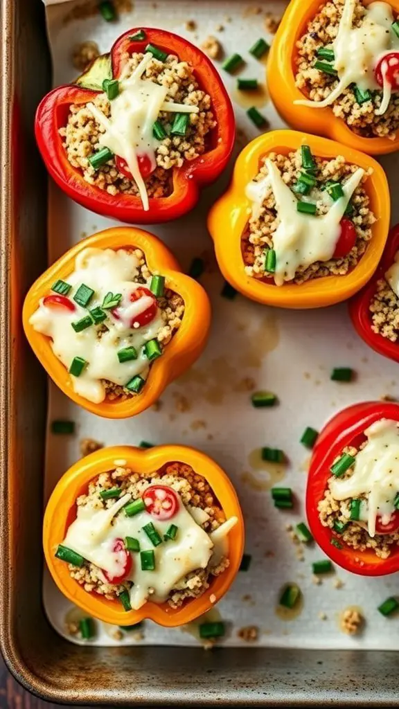 A tray of colorful stuffed bell peppers topped with cheese and green onions.