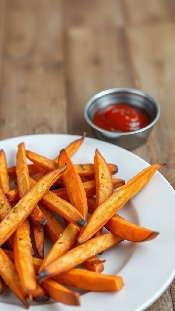 A plate of crispy sweet potato fries with a small cup of ketchup on a wooden table.