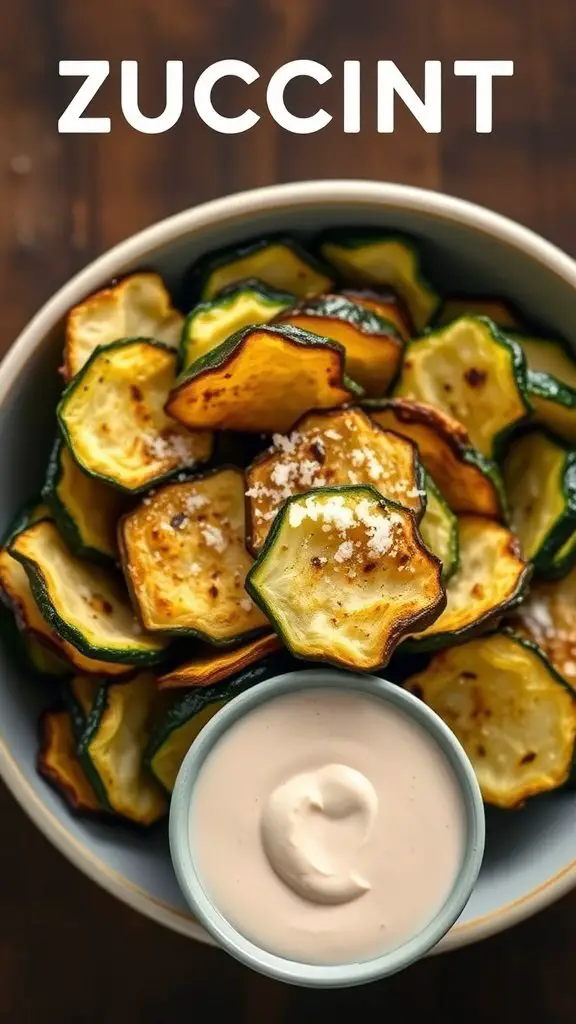 A bowl of crispy air fryer zucchini chips with a small dish of creamy dip