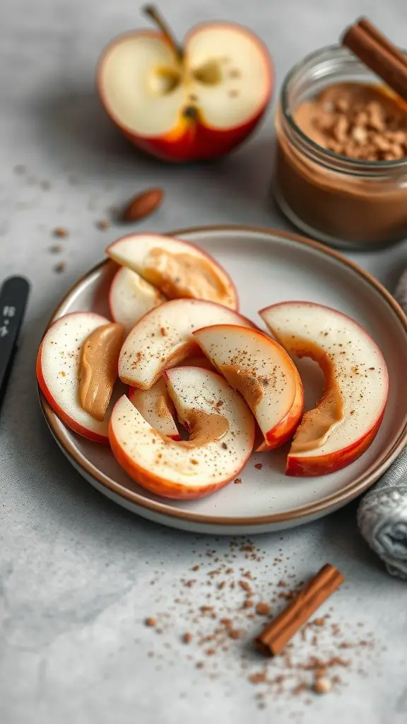 Plate of apple slices topped with almond butter and sprinkled with cinnamon.