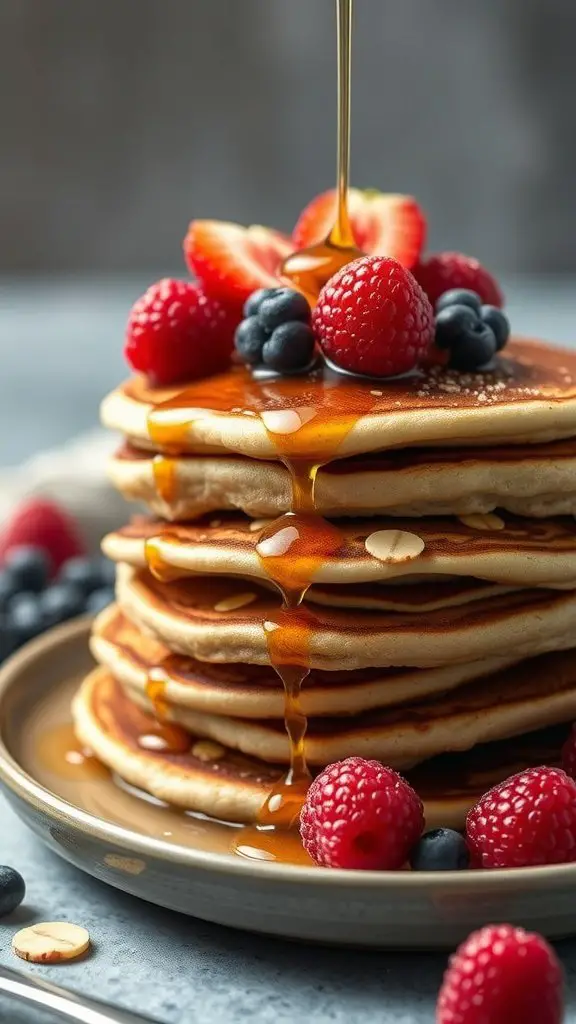 A stack of almond flour pancakes topped with strawberries, blueberries, raspberries, and syrup.
