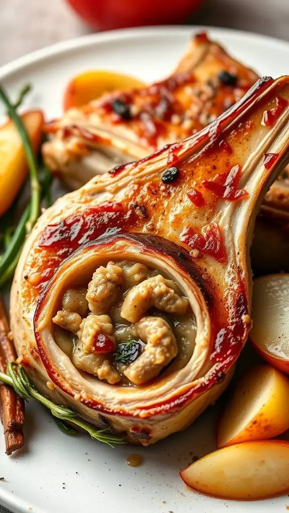 Deliciously prepared apple and sausage stuffed pork chops on a plate with garnishes and apple slices.
