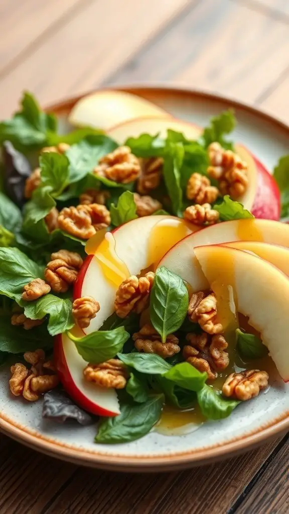 A colorful salad with apple slices, walnuts, greens, and honey dressing on a rustic wooden table.