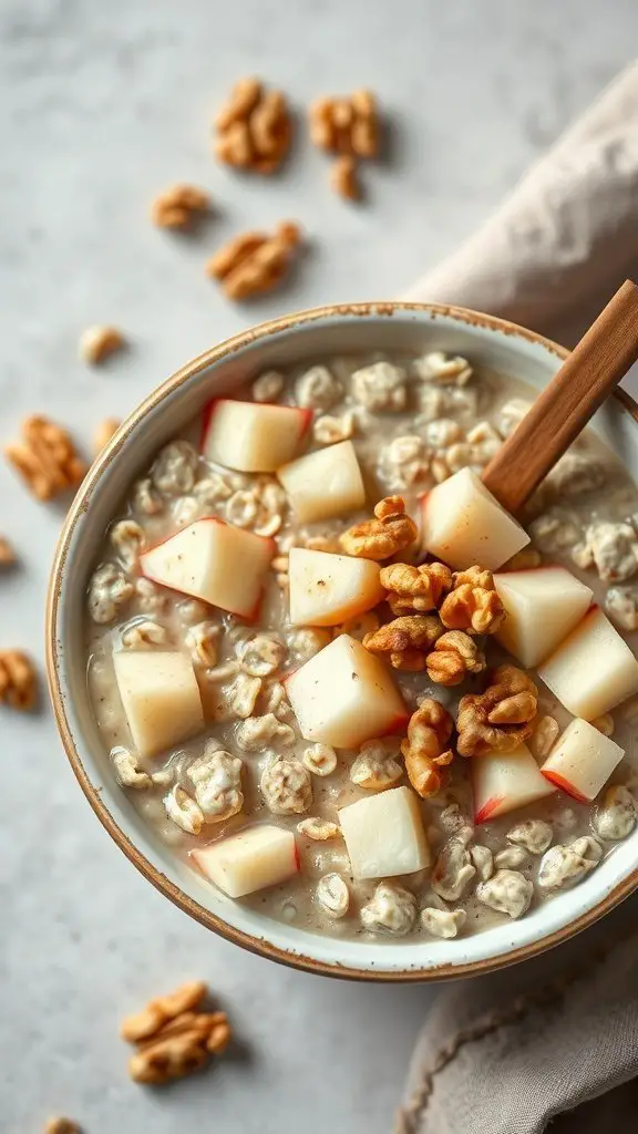 A bowl of apple cinnamon overnight oats topped with diced apples and walnuts.