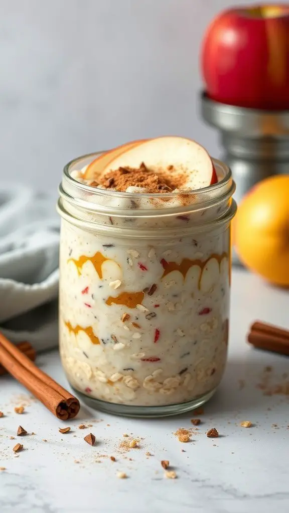 A jar of apple cinnamon overnight oats topped with apple slices and cinnamon, beside fresh apples and cinnamon sticks.