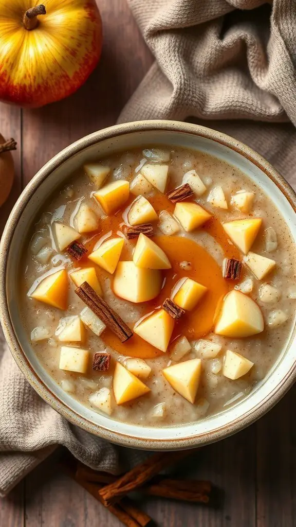 A bowl of apple cinnamon porridge topped with diced apples and cinnamon sticks, with an apple beside it on a wooden table.