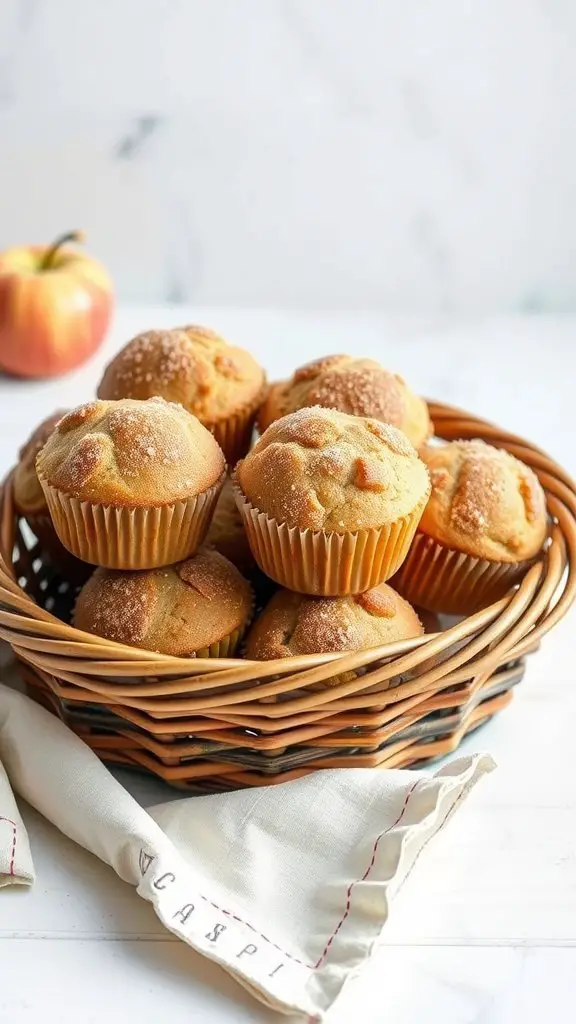 A basket of freshly baked apple muffins topped with cinnamon sugar, with a red apple in the background.