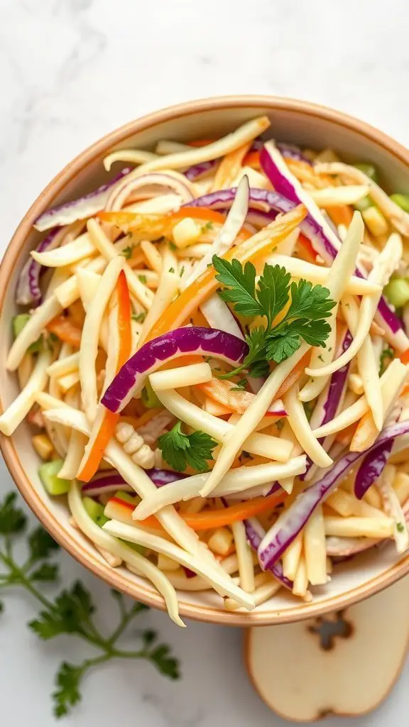 A vibrant bowl of apple slaw with shredded apples, purple cabbage, and colorful peppers, garnished with fresh parsley.
