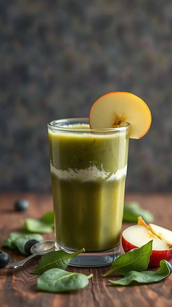 A refreshing apple smoothie with spinach and yogurt in a glass, topped with an apple slice, surrounded by spinach leaves and an apple.