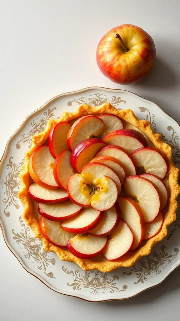 A beautifully arranged apple tart with red and yellow apple slices on a decorative plate, accompanied by a whole apple.