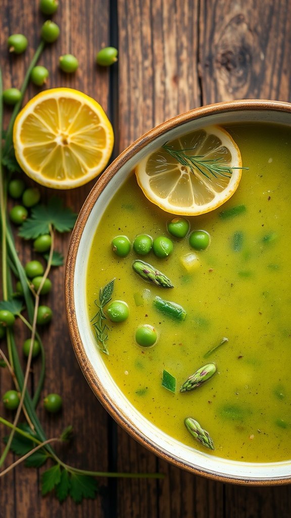 A bowl of asparagus and pea soup garnished with lemon slices and fresh herbs, surrounded by peas and lemons on a rustic wooden table.