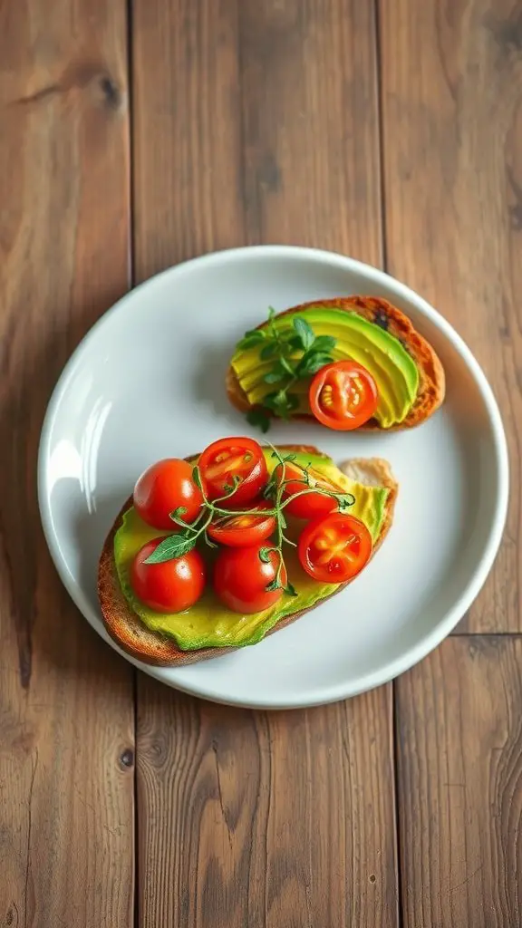 A plate of avocado toast topped with cherry tomatoes on a wooden table.