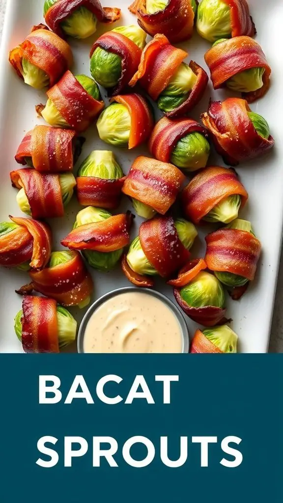Bacon-wrapped Brussels sprouts arranged on a plate with a dipping sauce.