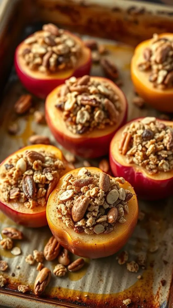 Baked apples stuffed with granola, showing a mix of colorful apples topped with crunchy granola.