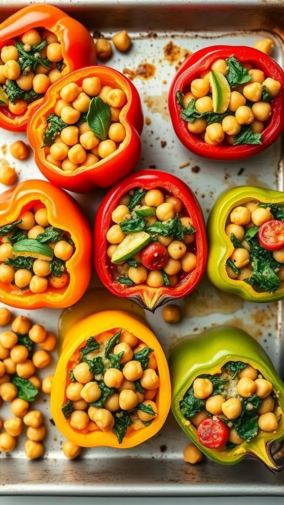 Baked chickpea and spinach stuffed peppers in a baking tray, showing various colored peppers filled with chickpeas and spinach.