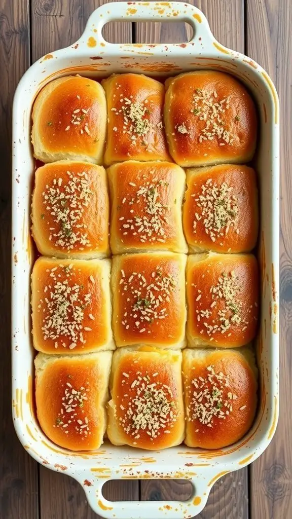 A baked dish of golden brown ham and cheese sliders topped with herbs and Parmesan.
