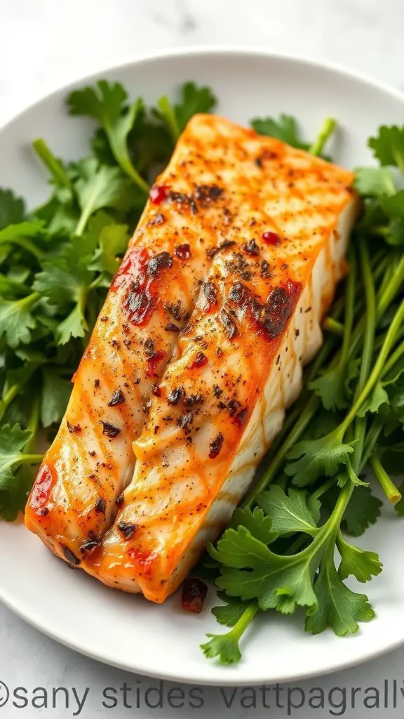 Baked salmon fillet on a plate with cilantro garnish