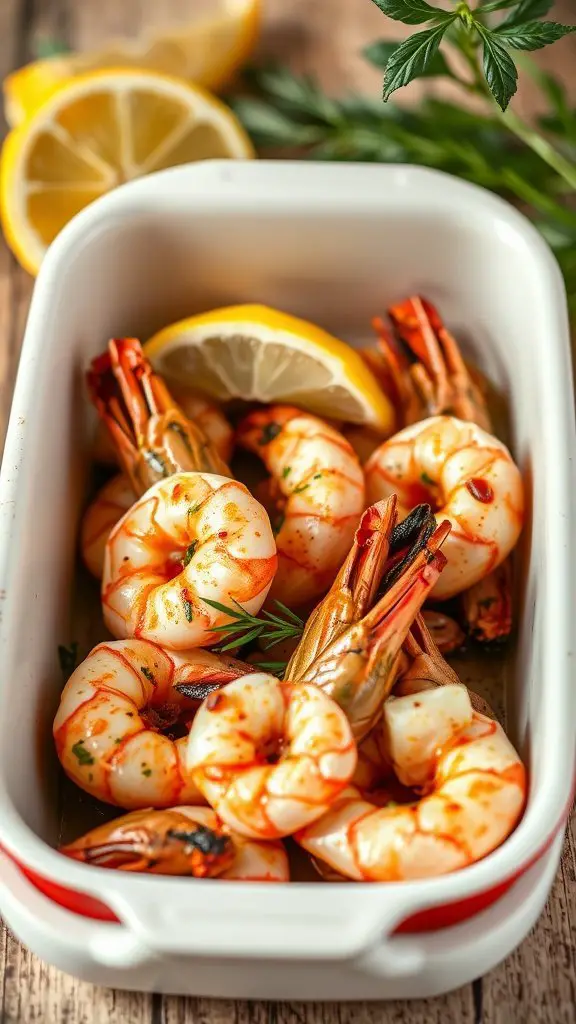 A dish of baked shrimp with garlic and herbs, garnished with lemon slices.