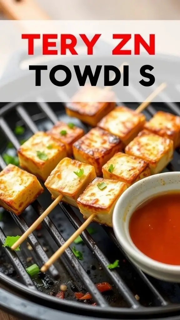 Baked Teriyaki Tofu Skewers on a grill with a bowl of sauce